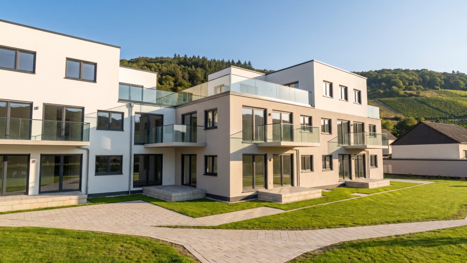 Architekturvisualisierung eines modernen Mehrfamilienhauses mit Balkonen