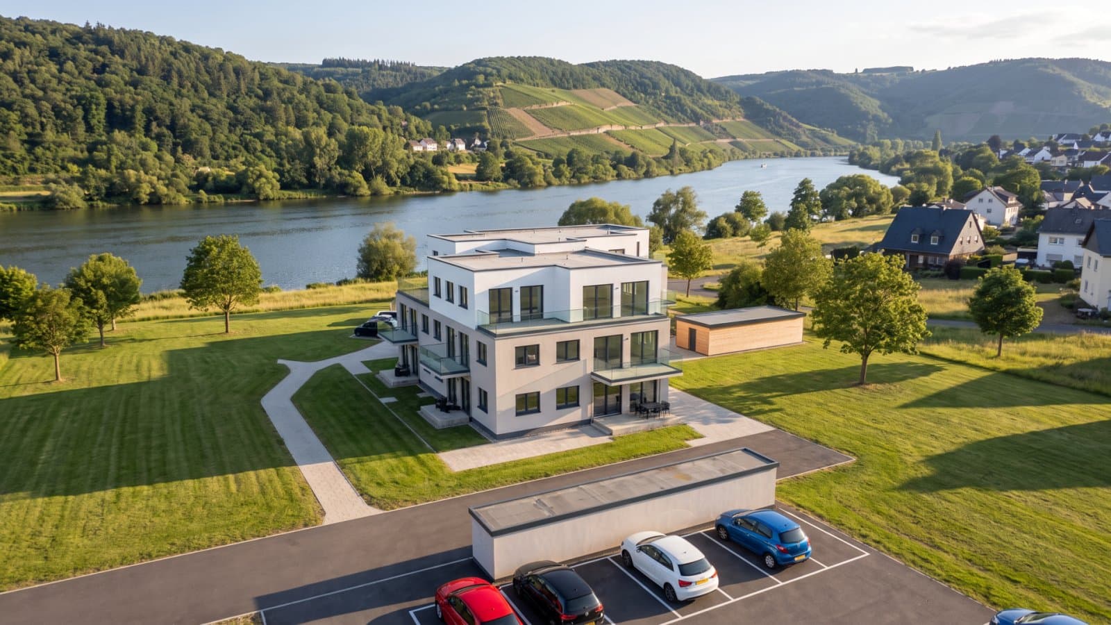 Fotorealistische Außenvisualisierung eines mehrgeschossigen Neubaus in einer Flusslandschaft