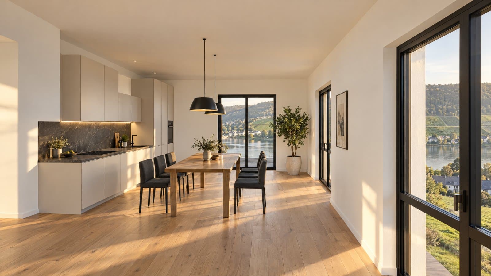 Architekturvisualisierung eines hellen Wohn- und Essbereichs mit Blick in die Landschaft
